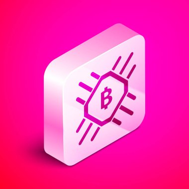 İzometrik Cpu madenciliği çiftlik simgesi pembe arka plan üzerinde izole. Bitcoin işlemci içinde işareti. Kripto para madenciliği topluluğu. Dijital para. Gümüş kare düğme. Vektör İllüstrasyonu