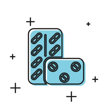 Beyaz arka planda izole blister paketi simgesi siyah Pills. Tablet için tıbbi ilaç paketi: vitamin, antibiyotik, aspirin. Vektör İllüstrasyonu