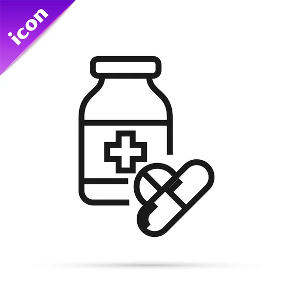 Zwarte lijn Medicijn fles en pillen pictogram geïsoleerd op witte achtergrond. Flessenpil teken. Farmaceutisch ontwerp. Vector Illustratie — Stockvector
