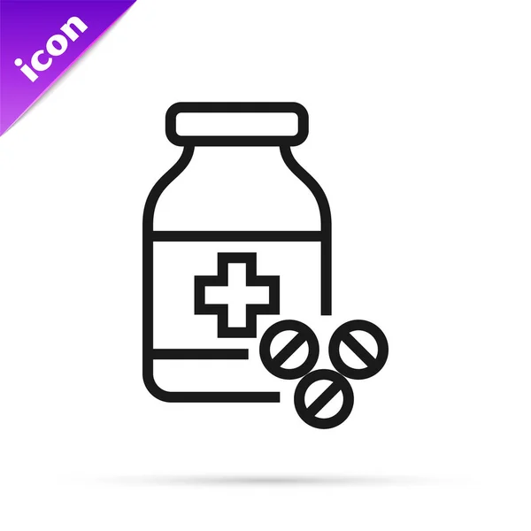 Μαύρη γραμμή μπουκάλι φάρμακο και χάπια εικονίδιο απομονώνονται σε λευκό φόντο. Πινακίδα χαπιού. Σχεδιασμός φαρμακείου. Εικονογράφηση διανύσματος — Διανυσματικό Αρχείο