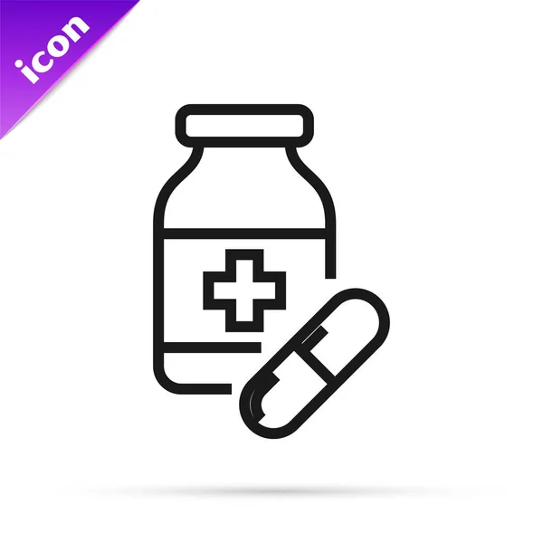 黑线药瓶和药丸图标隔离在白色背景.瓶装药丸标志。药房设计。病媒图解 — 图库矢量图片