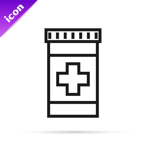 黒線白地に単離された医学ボトルのアイコン.瓶の丸薬のサイン。薬局の設計。ベクターイラスト — ストックベクタ