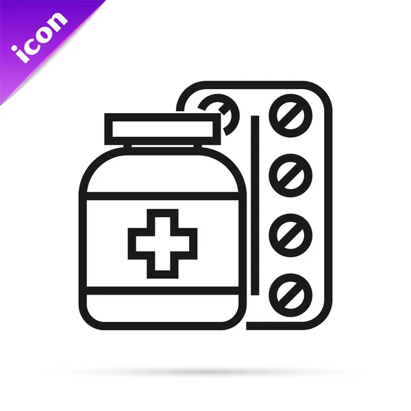 Negro línea medicina botella y pastillas icono aislado sobre fondo blanco. Signo de la píldora. Diseño de farmacia. Ilustración vectorial — Vector de stock