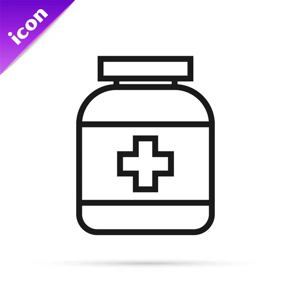 Icono de la botella de medicina de línea negra aislado sobre fondo blanco. Signo de la píldora. Diseño de farmacia. Ilustración vectorial — Vector de stock
