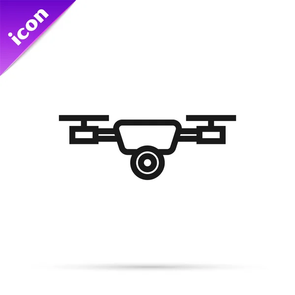 Linea nera Drone che vola con l'icona della videocamera d'azione isolata su sfondo bianco. Quadrocopter con video e foto fotocamera simbolo. Illustrazione vettoriale — Vettoriale Stock