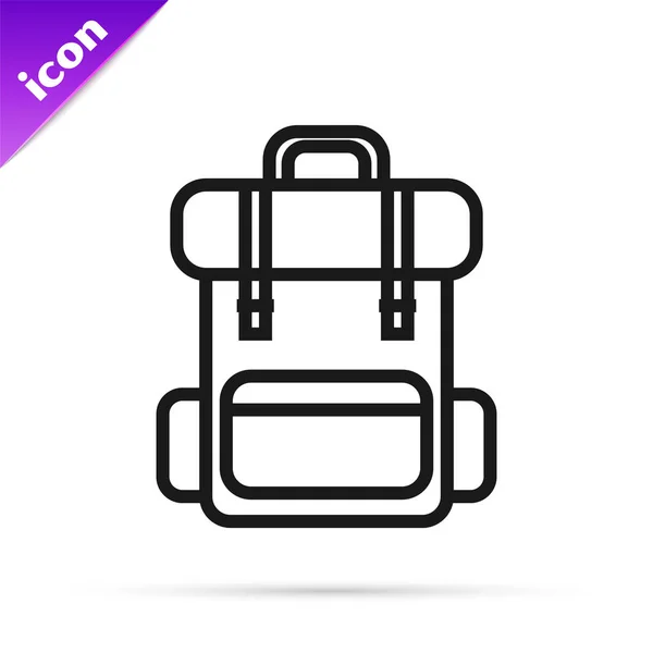 Linha preta Caminhadas ícone mochila isolada no fundo branco. Camping e montanha explorando mochila. Ilustração vetorial —  Vetores de Stock