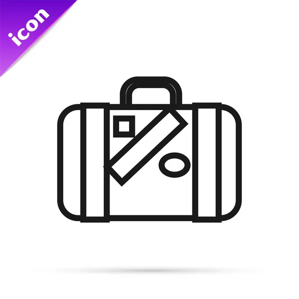 Černý spojnicový kufr pro cestování a samolepky ikona izolované na bílém pozadí. Nápis-cestovní zavazadla. Ikona cestovního zavazadla. Vektorová ilustrace — Stockový vektor