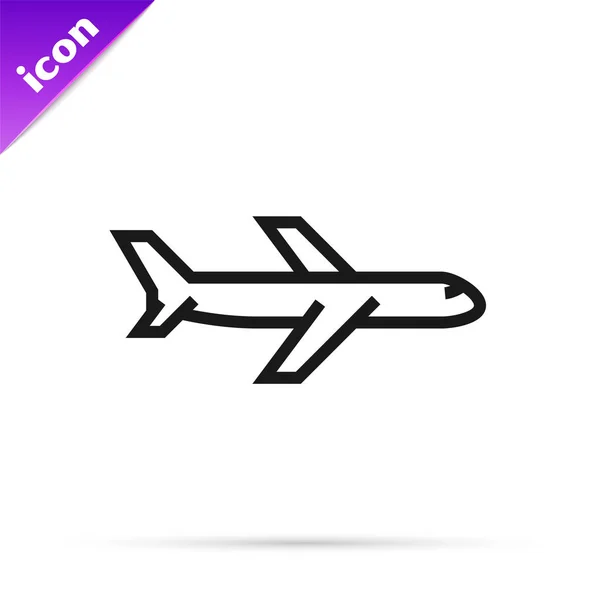 Icono plano de línea negra aislado sobre fondo blanco. Icono del avión volador. Firma del avión. Ilustración vectorial — Vector de stock