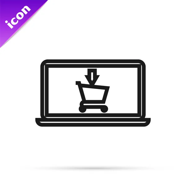 Línea negra Carrito de compras en pantalla icono portátil aislado sobre fondo blanco. Concepto e-commerce, e-business, marketing online. Ilustración vectorial — Vector de stock