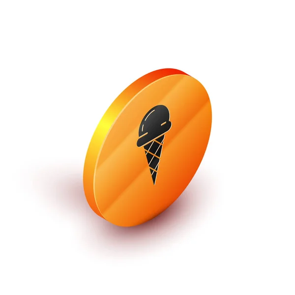 Isometric Ice cream in waffle cone icon isolated on white background. Sweet symbol. Orange circle button. Vector Illustration — Stock Vector