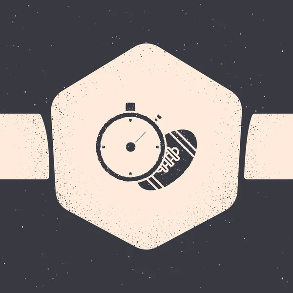 Grunge American Football Ball en stopwatch icoon geïsoleerd op grijze achtergrond. Set sportuitrusting. Monochroom Vintage tekening. Vector illustratie — Stockvector