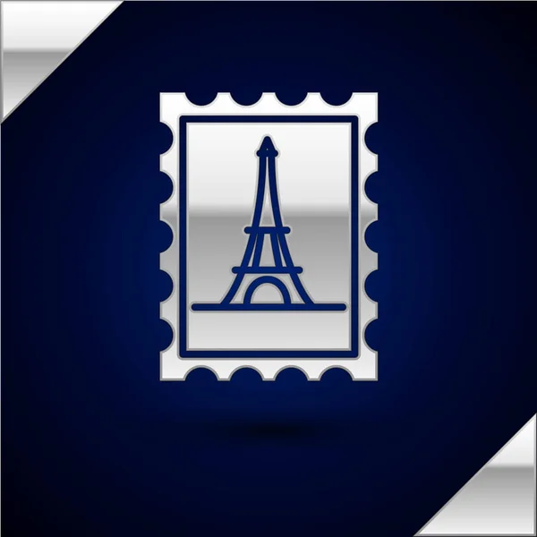Carimbo postal prateado e ícone da torre Eiffel isolado no fundo azul escuro. Ilustração vetorial — Vetor de Stock