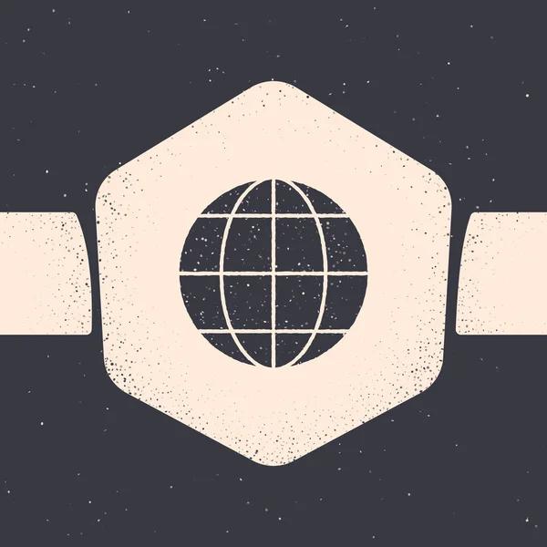 Grunge Earth globo icono aislado sobre fondo gris. Signo del mundo o la Tierra. Símbolo global de Internet. Formas geométricas. Dibujo vintage monocromo. Ilustración vectorial — Vector de stock