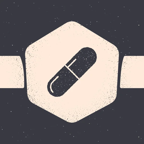 Grunge Medicina pílula ou tablet ícone isolado em fundo cinza. Comprimido de cápsula e sinal de droga. Design de farmácia. Desenho vintage monocromático. Ilustração vetorial —  Vetores de Stock