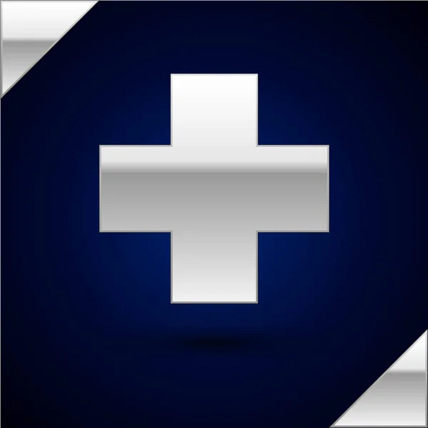 Silver Cross νοσοκομείο ιατρική εικόνα απομονώνονται σε σκούρο μπλε φόντο. Πρώτες βοήθειες. Σύμβολο διαγνωστικής. Φάρμακο και φαρμακείο. Εικονογράφηση διανύσματος — Διανυσματικό Αρχείο