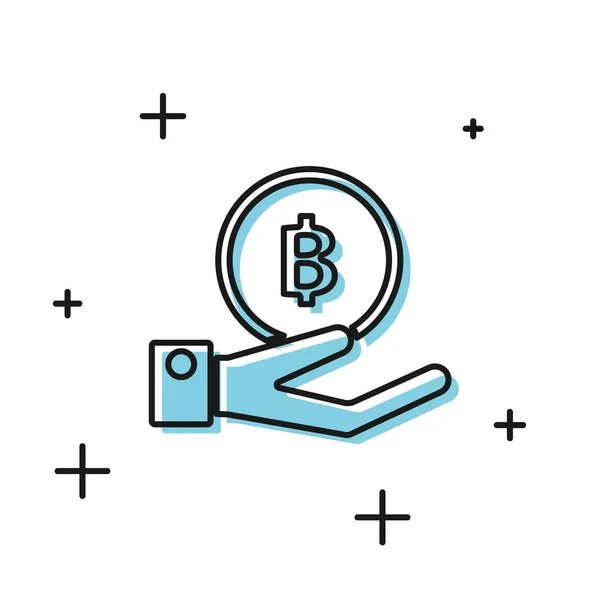 Black Hand holding Bitcoin icon isolated on white background. Blockchain technology, digital money market, cryptocoin wallet. Vector Illustration — Stock Vector