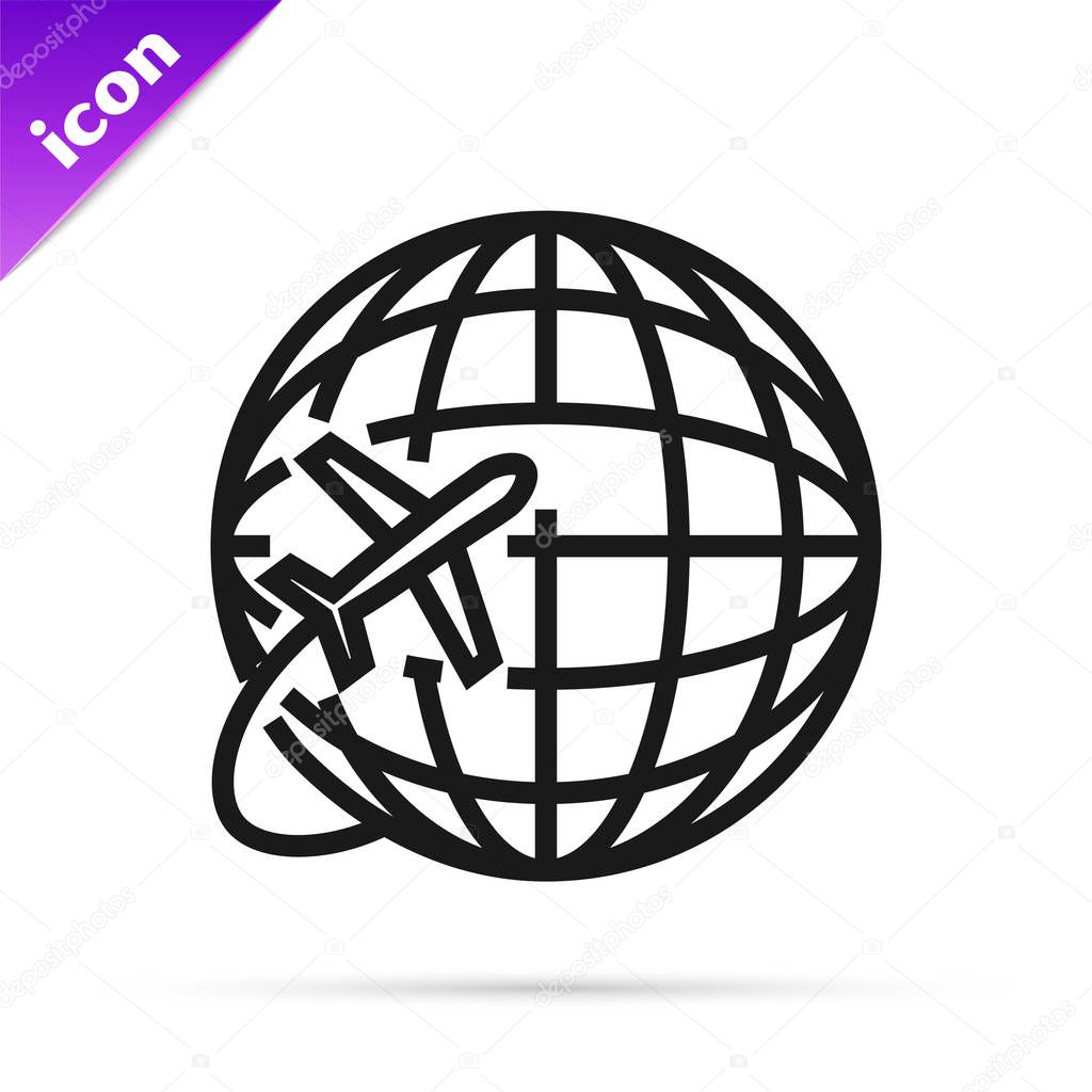 Black line Globe with flying plane icon isolated on white background. Airplane fly around the planet earth. Aircraft world icon. Vector Illustration