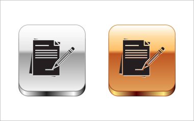 Siyah Boş defter ve beyaz arka plan üzerinde izole silgi simgesi ile kalem. Kağıt ve kalem. Gümüş-altın kare düğme. Vektör İllüstrasyonu