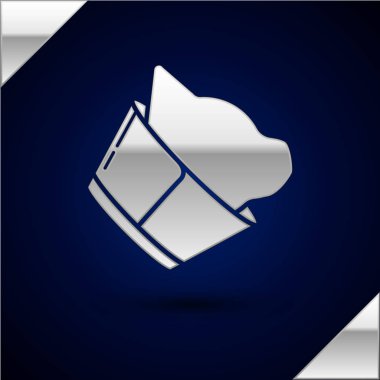 Gümüş Veteriner kliniği sembol simgesi koyu mavi arka plan izole. Kedi veteriner bakımı. Pet İlk Yardım işareti. Vektör İllüstrasyonu