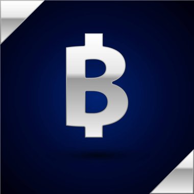Gümüş Cryptocurrency sikke Bitcoin simgesi koyu mavi arka plan üzerinde izole. Fiziksel biraz para. Blockchain tabanlı güvenli kripto para birimi. Vektör İllüstrasyonu