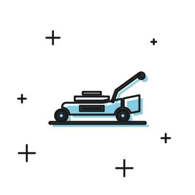 Siyah Çim biçme makinesi simgesi beyaz arka plan üzerinde izole. Çim biçme makinesi çim leri kesiyor. Vektör İllüstrasyonu