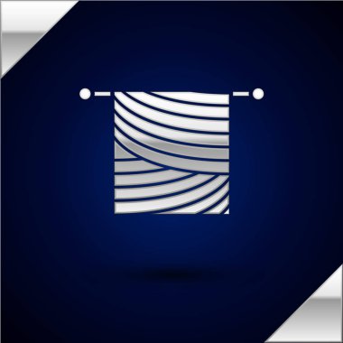 Koyu mavi arka planda izole gümüş örgü simgesi. Örme kumaş ve iğne ile Yün amblem. El yapımı, örgü veya terzi dükkanı için etiket. Vektör İllüstrasyonu