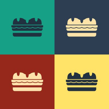 Renkli Sandviç simgesi renk arka planda yalıtılmış. Hamburger simgesi. Burger yemek sembolü. Cheeseburger sandviç işareti. Sokak fast food menüsü. Vintage tarzı çizim. Vektör İllüstrasyonu