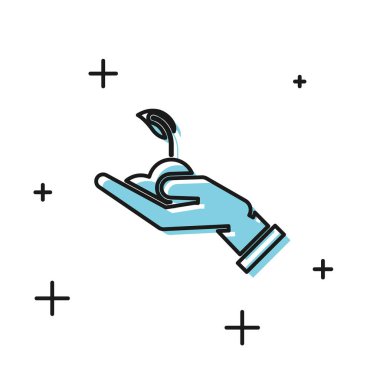 Beyaz arka plan üzerinde izole çevre koruma simgesi elinde Siyah Filiz. Tohum ve fide. Fidan dikimi. Ekoloji kavramı. Vektör İllüstrasyonu