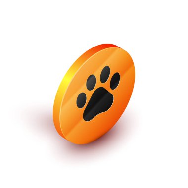 İzometrik Pati baskı simgesi beyaz arka planda yalıtılmış. Köpek ya da kedi pençesi izi. Hayvan izi. Turuncu daire düğmesi. Vektör İllüstrasyonu