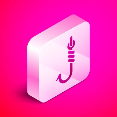 İzometrik Olta kancası simgesi pembe arka plan üzerinde izole. Olta takımı. Gümüş kare düğme. Vektör İllüstrasyonu