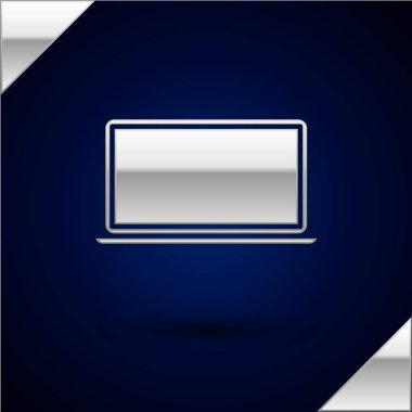 Koyu mavi arkaplanda gümüş dizüstü bilgisayar simgesi izole edildi. Boş ekran işaretli bilgisayar defteri. Vektör İllüstrasyonu