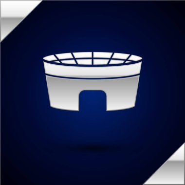 Gümüş Futbol stadyum simgesi koyu mavi arka plan üzerinde izole. Futbol arenası. Vektör İllüstrasyonu