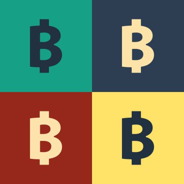 Renk arka planda yalıtılmış Renkli Cryptocurrency sikke Bitcoin simgesi. Fiziksel biraz para. Blockchain tabanlı güvenli kripto para birimi. Vintage tarzı çizim. Vektör İllüstrasyonu