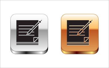 Beyaz arka planda yalıtılmış Siyah Boş dizüstü bilgisayar ve kalem simgesi. Kağıt ve kalem. Gümüş-altın kare düğme. Vektör İllüstrasyonu