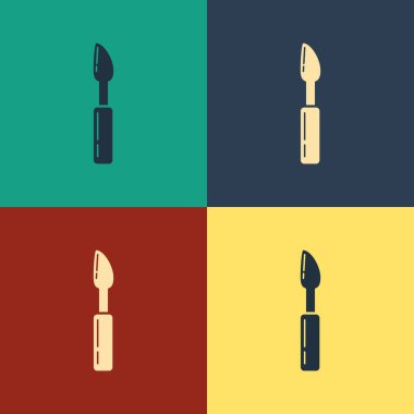 Renk arka planda yalıtılmış Renk Kesici araç simgesi. Bıçakla dikiş bıçağı. Vintage tarzı çizim. Vektör İllüstrasyonu