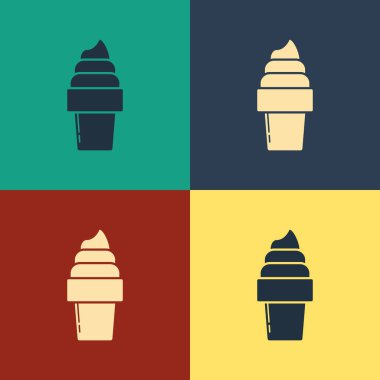 Renk arka planda izole waffle konisi simgesi Renkli Dondurma. Tatlı bir sembol. Vintage tarzı çizim. Vektör İllüstrasyonu