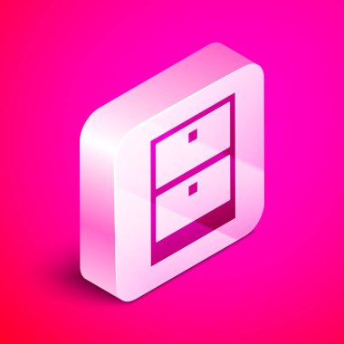 İzometrik Arşiv kağıtları çekmece simgesi pembe arka plan üzerinde izole. Belgelerle birlikte çekmece. Dosya dolabı çekmecesi. Ofis mobilyaları. Gümüş kare düğme. Vektör İllüstrasyonu