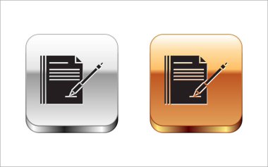 Beyaz arka planda yalıtılmış Siyah Boş dizüstü bilgisayar ve kalem simgesi. Kağıt ve kalem. Gümüş-altın kare düğme. Vektör İllüstrasyonu