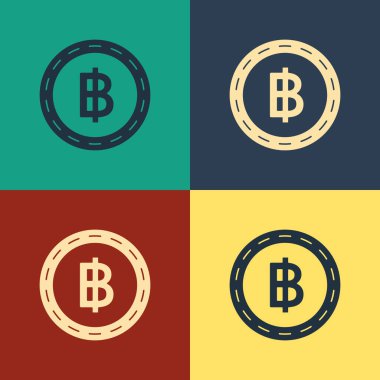 Renk arka planda yalıtılmış Renkli Cryptocurrency sikke Bitcoin simgesi. Blockchain teknolojisi, bitcoin, dijital para piyasası, kripto para cüzdanı. Vintage tarzı çizim. Vektör İllüstrasyonu