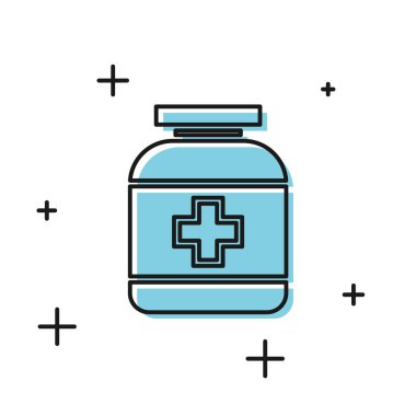 Siyah İlaç şişesi simgesi beyaz arka planda izole edilmiş. Şişe hapı işareti. Eczane tasarımı. Vektör İllüstrasyonu