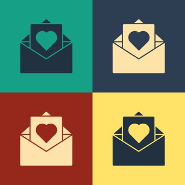 Renk arka planda izole Valentine kalp simgesi ile Renk Zarf. Mesaj aşk. Mektup aşk ve romantizm. Vintage tarzı çizim. Vektör İllüstrasyonu