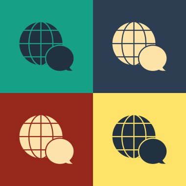 Renk arka planda yalıtılmış konuşma balonu simgesinden yapılan Color World haritası. Dünya'daki küresel iletişim şeması. Vintage tarzı çizim. Vektör İllüstrasyonu