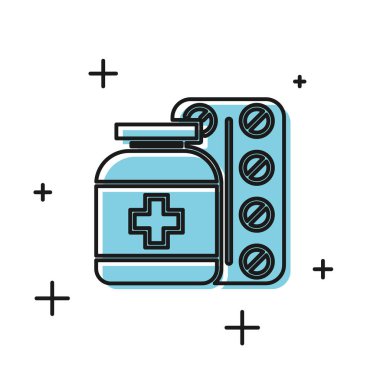 Siyah Tıp şişe ve hap simgesi beyaz arka plan üzerinde izole. Şişe hapı işareti. Eczane tasarımı. Vektör İllüstrasyonu