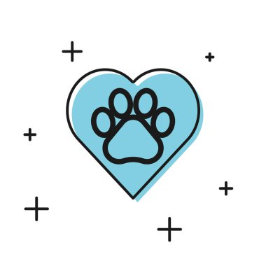 Beyaz arka plan üzerinde izole hayvanlar ayak izi simgesi ile Siyah Kalp. Kalbinde evcil hayvan pençesi. Hayvanlara sevgiler. Vektör İllüstrasyonu