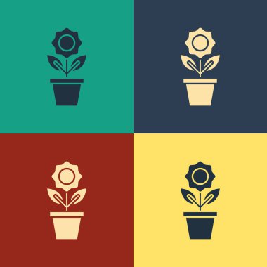 Renk arka planda yalıtılmış saksı simgesindeki Renk Çiçeği. Bir tencerede yetişen bitki. Saksı bitki işareti. Vintage tarzı çizim. Vektör İllüstrasyonu