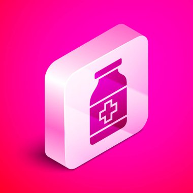 Pembe arka planda izole edilmiş Isometric İlaç Şişesi ikonu. Şişe hapı işareti. Eczane tasarımı. Gümüş kare düğme. Vektör İllüstrasyonu