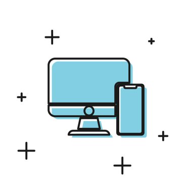 Siyah Bilgisayar monitörü ve cep telefonu simgesi beyaz arka planda yalıtılmış. İnternettekazanç, pazarlama. Vektör İllüstrasyonu