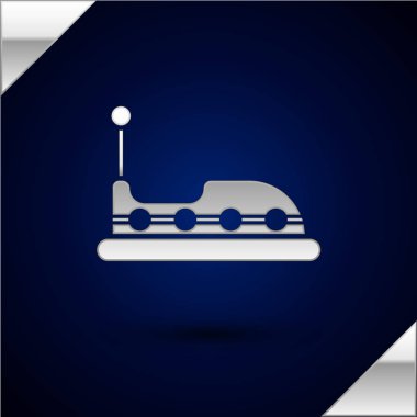 Gümüş Tampon araba simgesi koyu mavi arka plan üzerinde izole. Lunapark. Çocuk eğlence oyun alanı, eğlence parkı. Vektör İllüstrasyonu