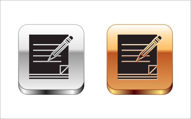 Siyah Boş defter ve beyaz arka plan üzerinde izole silgi simgesi ile kalem. Kağıt ve kalem. Gümüş-altın kare düğme. Vektör İllüstrasyonu