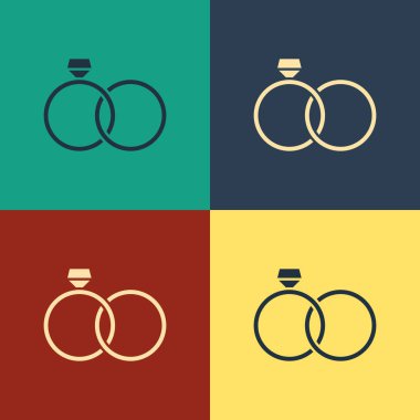 Renk Alyans simgesi renk arka planda izole. Gelin ve damat mücevher işareti. Evlilik simgesi. Elmas yüzük simgesi. Vintage tarzı çizim. Vektör İllüstrasyonu